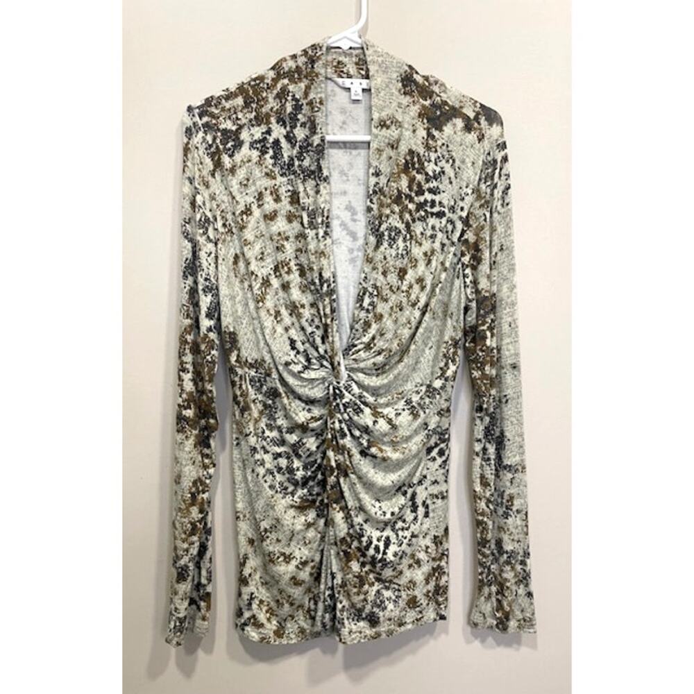 Cabi Knit Top Twist Knot Detail Brown Abstract Animal Print Sz Large